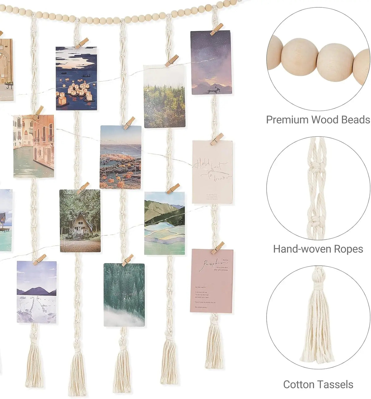 cadre mural bois clips tresses boho blanc gris clair photos suspension