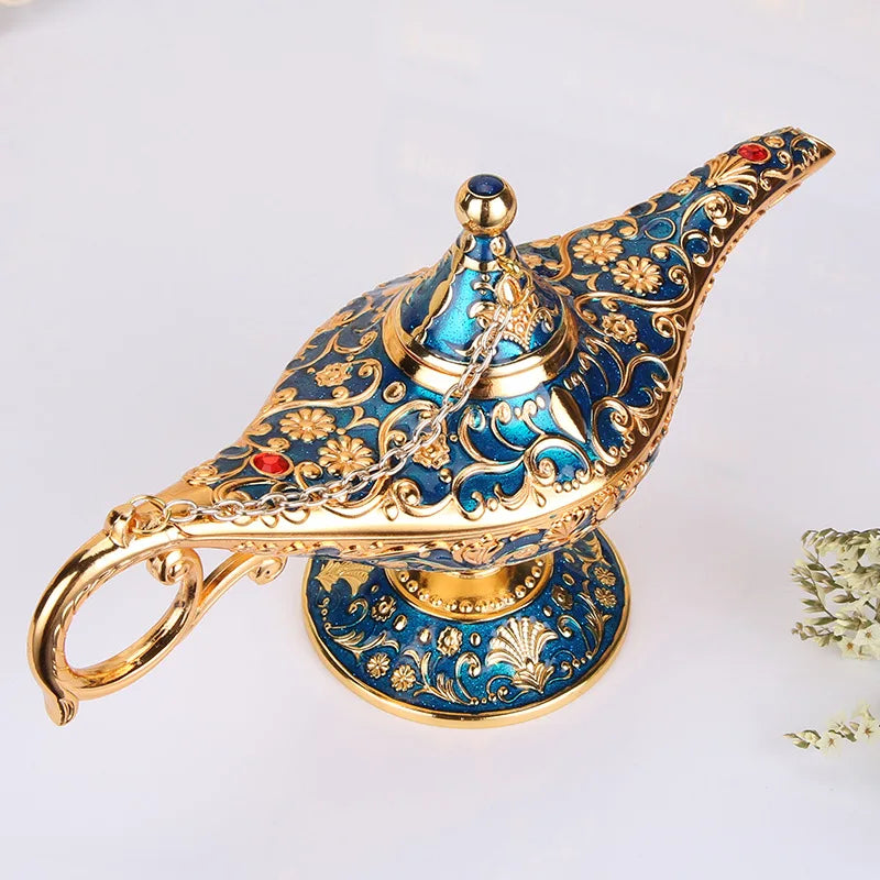 lampe huile bleue dorée ornement florale artisanale baroque chaîne dorée maison décoration