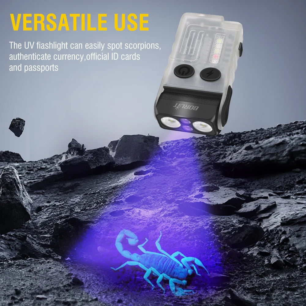 lampe torche rechargeable led transparente noire intense mode auto défense camping
