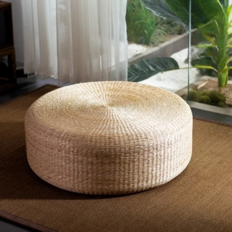 coussin sol bohème tissé franges blanches beige clair anti décubitus remplissage coton paille