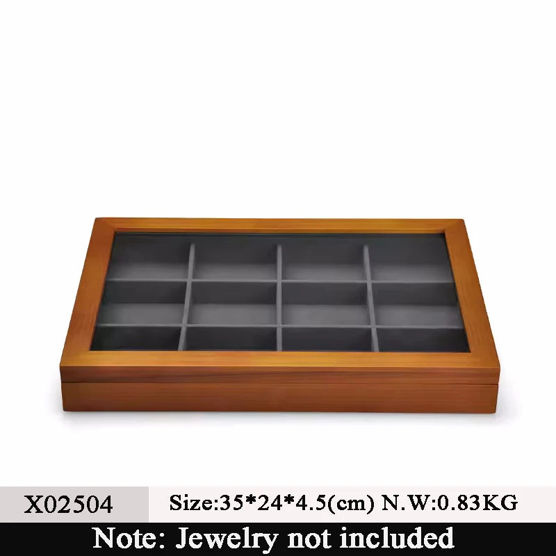 boîtes bijoux bois marron intérieur velours beige verre transparent contemporain minimaliste
