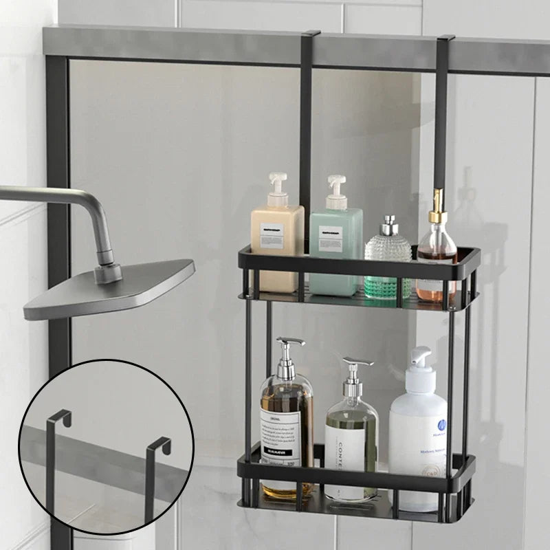 étagère salle bain deux niveaux noir moderne grille imperméable aluminium fixations murales rangement douche