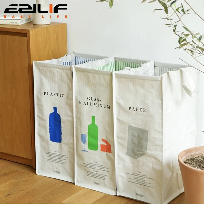 sac tri déchets beige imprimé moderne poignées détachables respectueux environnement 75x60x35cm