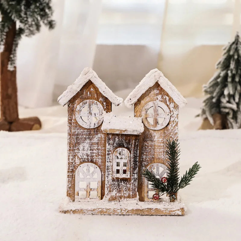 Vue de face du château de Noël en bois avec éclairage intégré
