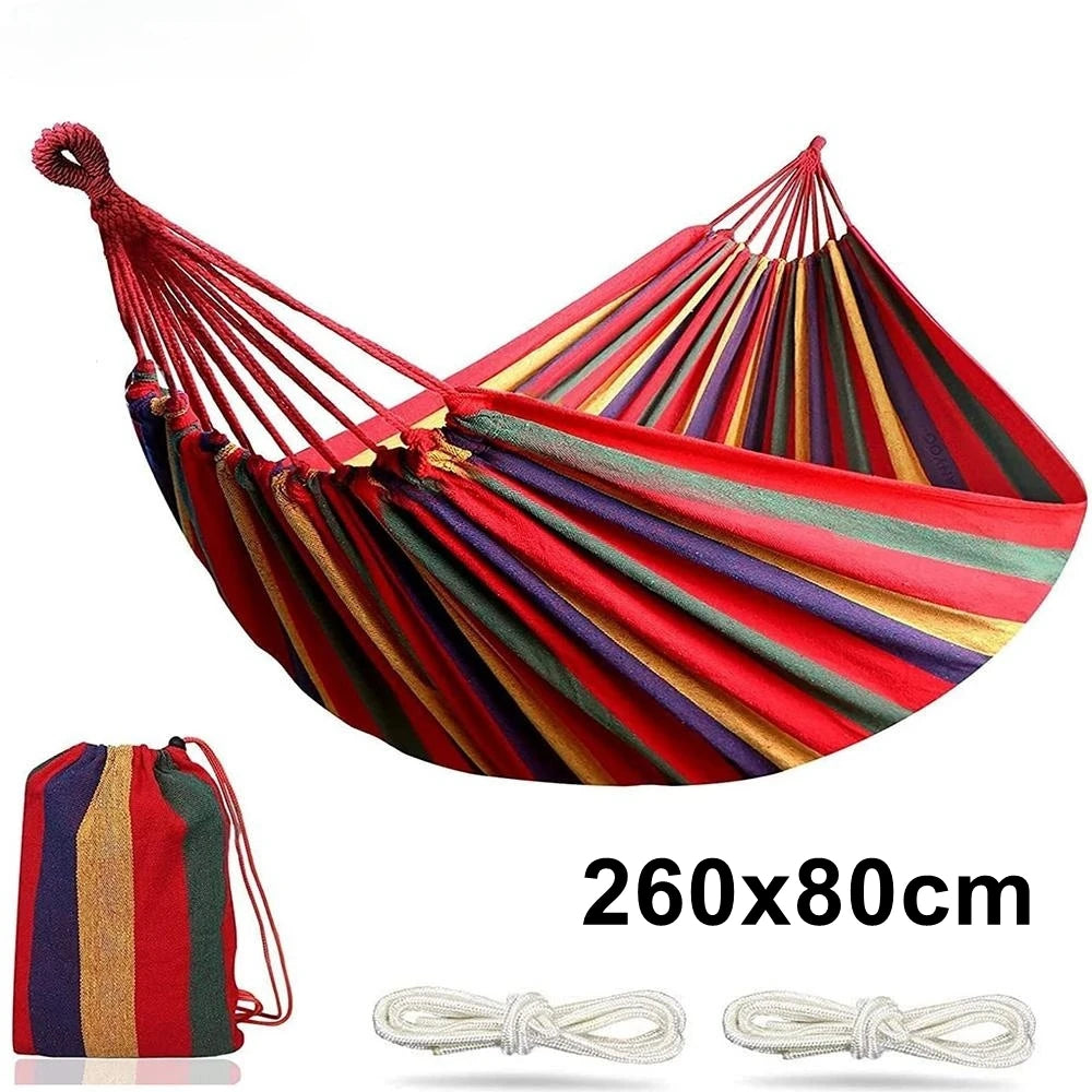 Hamac double coton rayures horizontales rouge vert bleu confortable extérieur patio camping facile installer