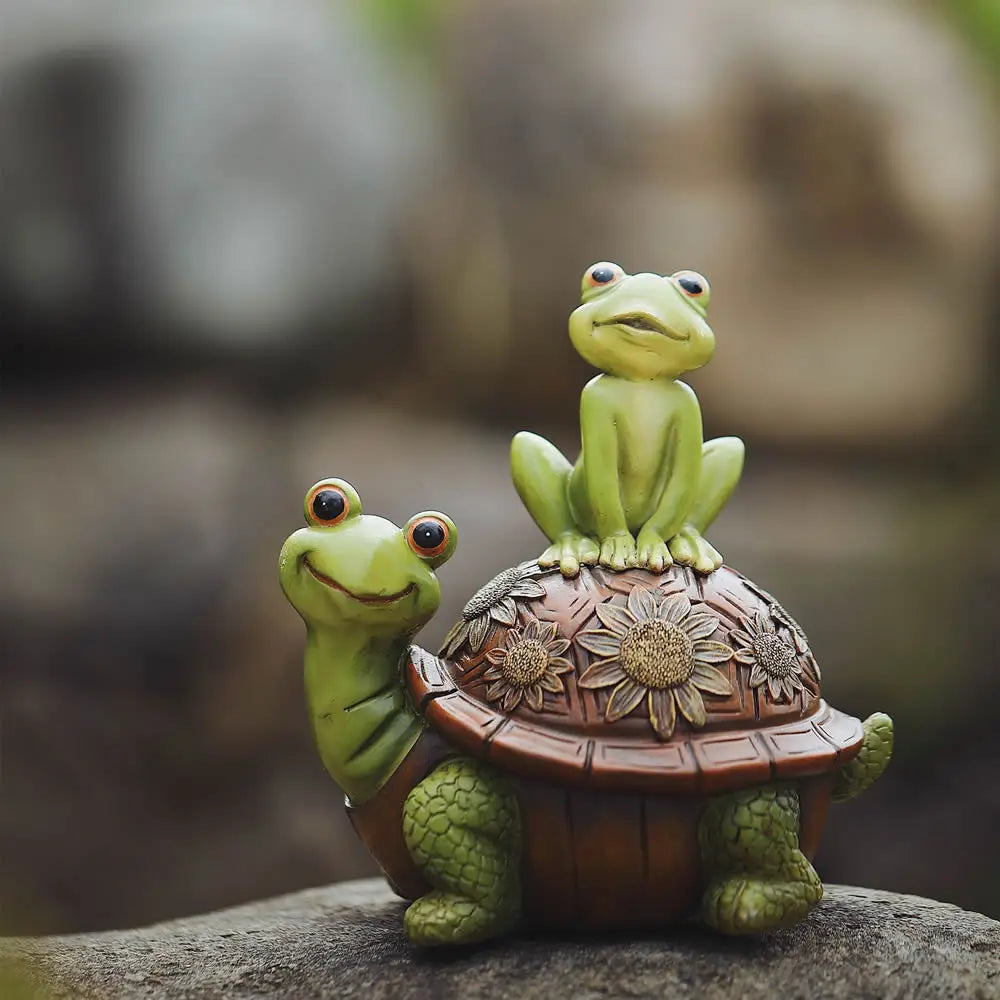 statuette tortue grenouille résine verte marron motifs floraux décoratif jardin animalierextérieur