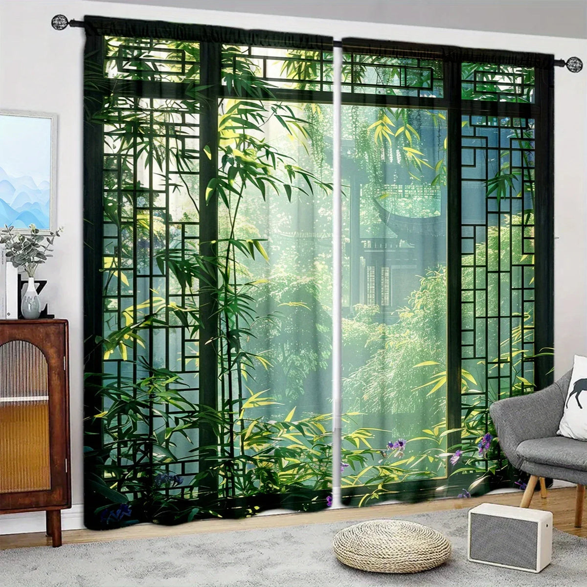 rideaux vert noir bambous semi transparent moderne oriental anneaux métalliques deux pièces polyester