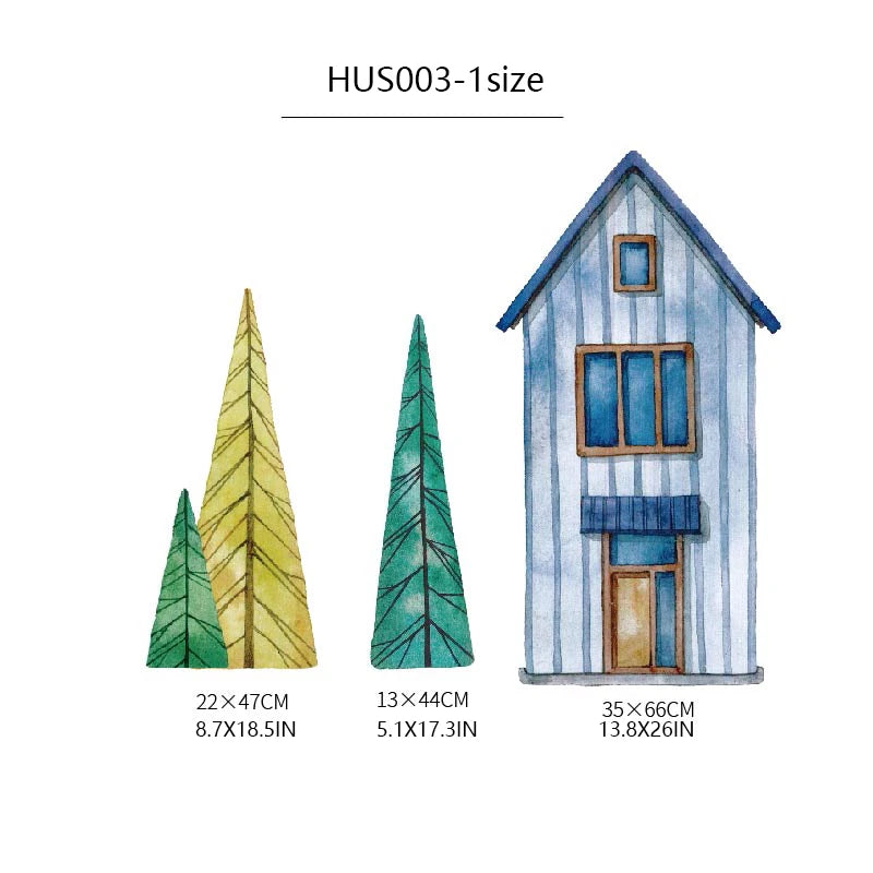 sticker mural illustration enfantine maison colorée fenêtre porte arbre chambre enfants