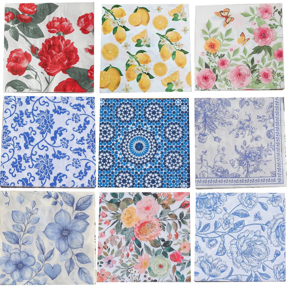 serviettes papier motif floral couleurs vives blanc bleu rouge jaune vert rose classique romantique