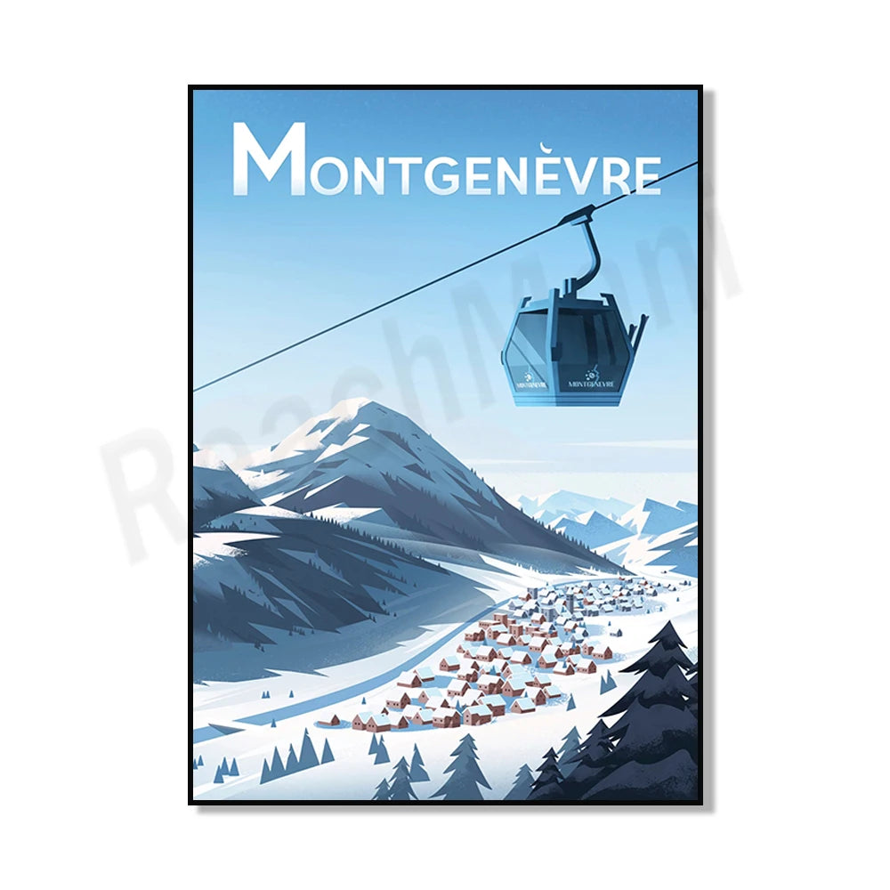 Vue panoramique d'une station de ski de montagne avec un téléphérique transportant des skieurs, entouré de montagnes enneigées et d'un village au pied des pentes.