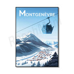 Vue panoramique d'une station de ski de montagne avec un téléphérique transportant des skieurs, entouré de montagnes enneigées et d'un village au pied des pentes.