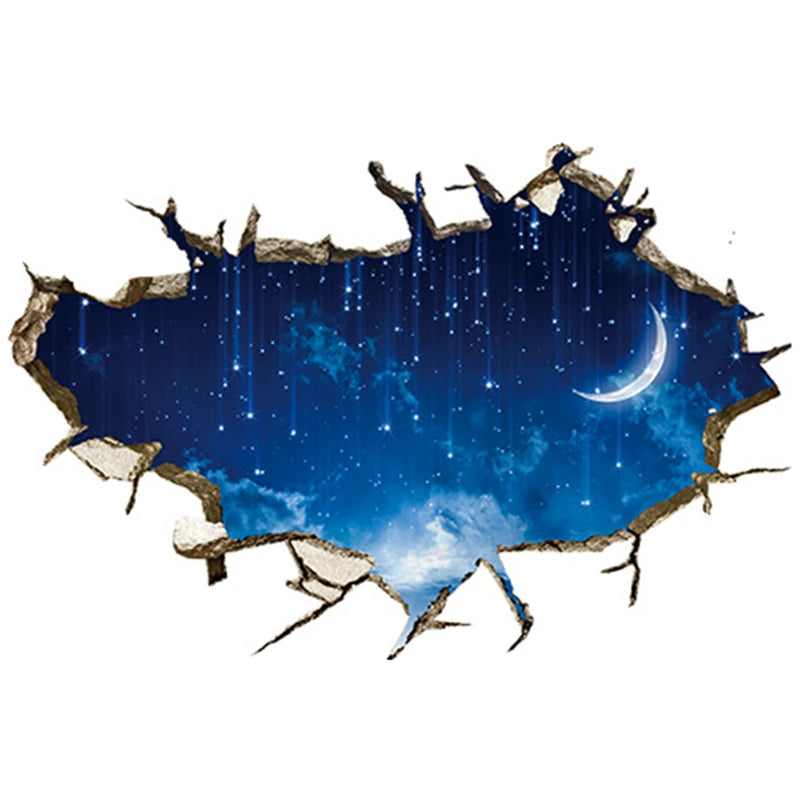 sticker mural 3d ciel bleu nuages étoiles béton fissuré adhésif chambre toit