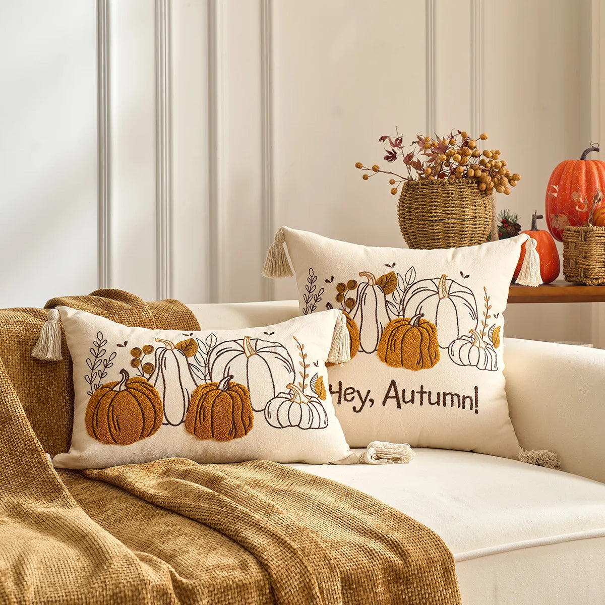 housse coussin brodée citrouille motif automne rustique tassel adhésif décoration maison nordique polyester coton
