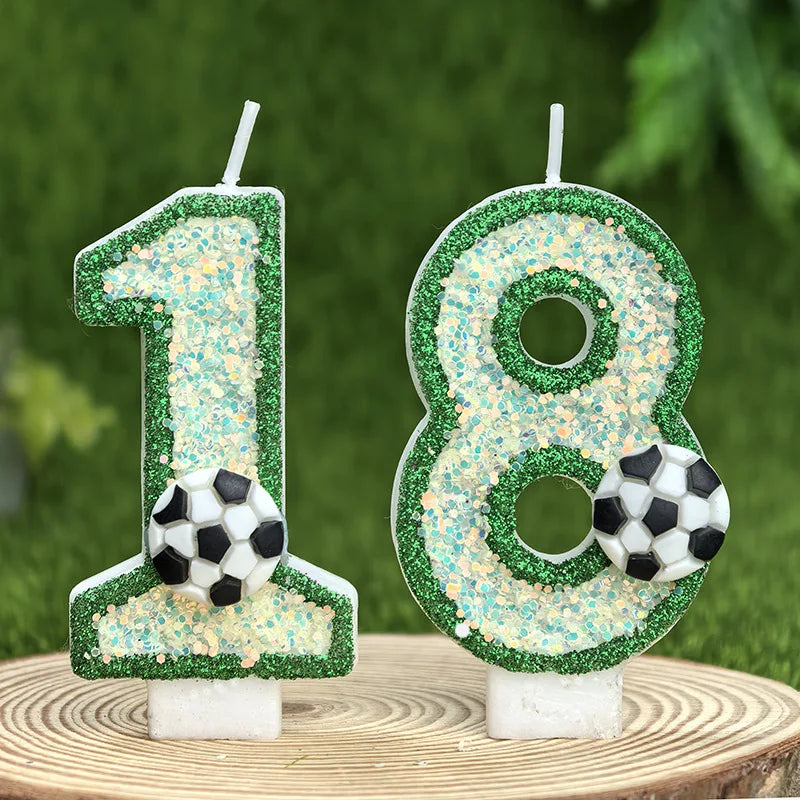 bougies chiffres paillettes football anniversaire decoration verte blanche noire bleue thèmes sportifs numerotees opaque