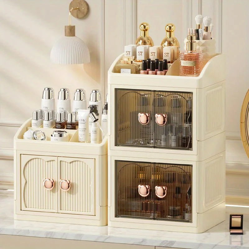 boîte rangement cosmétiques pliable moderne beige clair raisinées verticales brosse parfum crèmes maquillage diverse