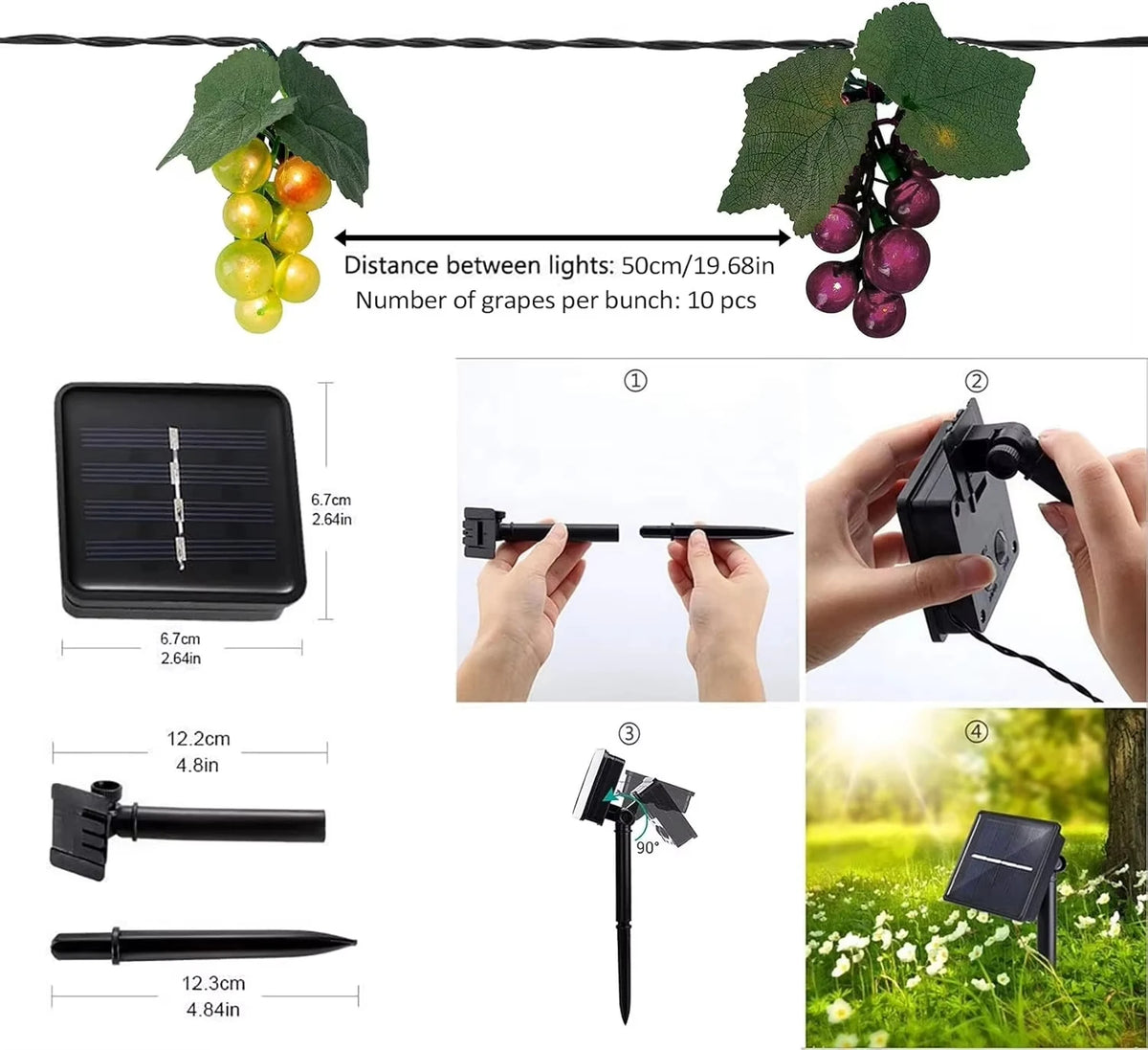 guirlande lumineuse solaire grappes raisins vert jaune rouge violet moderne clips patio