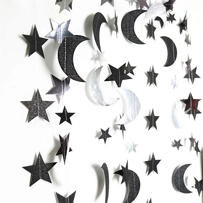 guirlande décorative or noir étoiles lunes mariage anniversaire noël thème céleste festive papier métallisé
