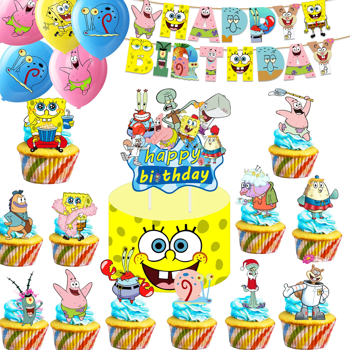 accessoires fête spongebob happy birthday ballons bannières cupcakes toppers anniversaire enfants thèmes cartoon