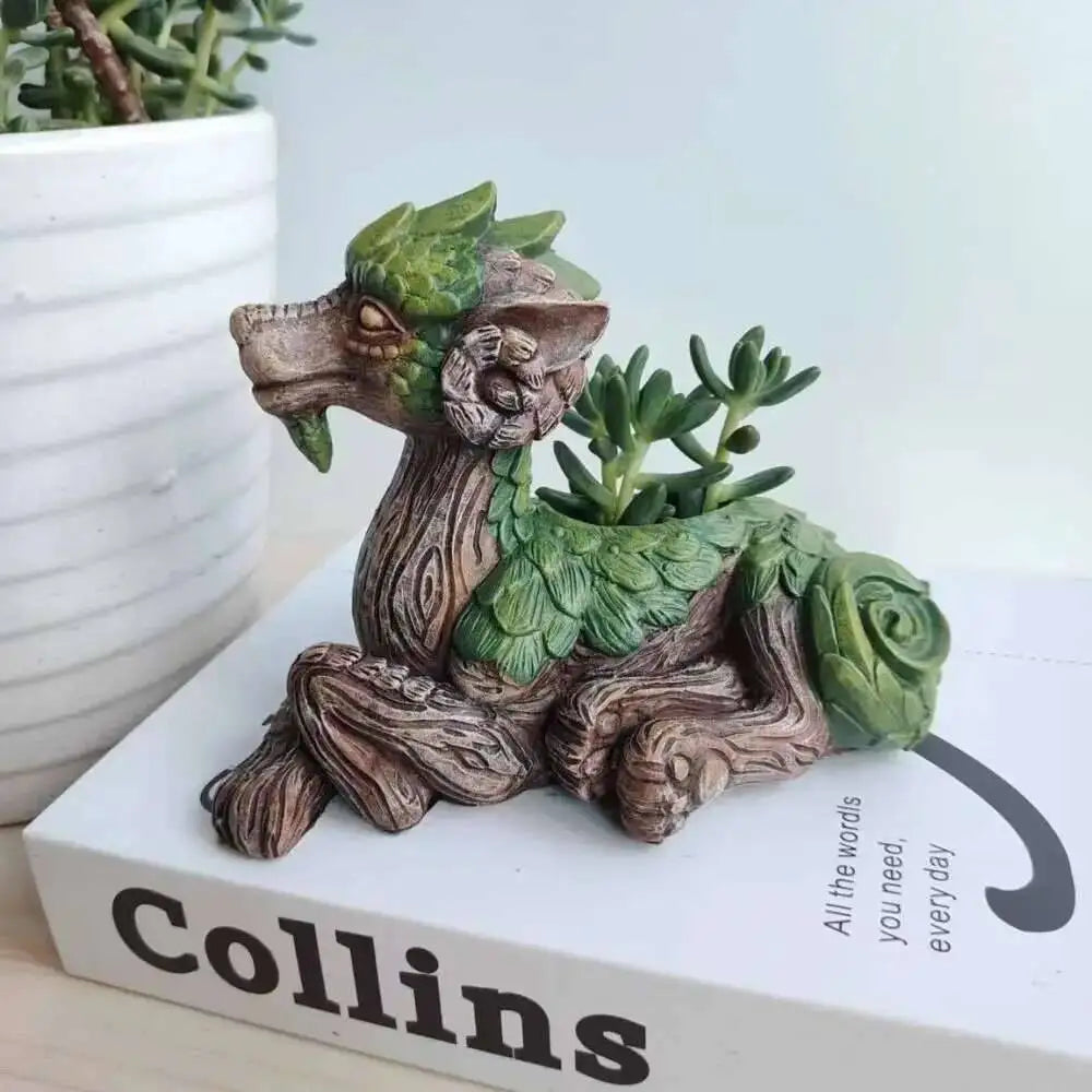 ornement jardin dragon resine vert marron clair succulentes fantaisie artistiqueextérieurintérieur