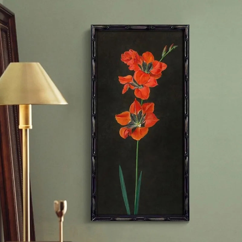 tableau fleurs classique cadre bois peinture huile toile rectangulaire opaqueintérieur décoration moderne