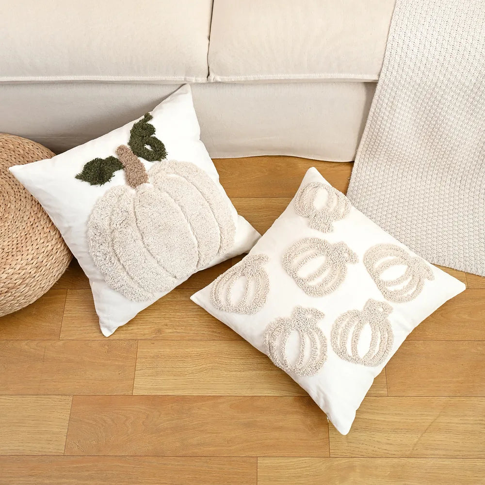 citrouille brodée halloween coussin blanc rustique automne texture épaisse polyester coton décoration sofa chambre