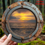 cadre mural vintage océan coucher soleil bleu gris marron bordure métallique vieillie 20x20cm