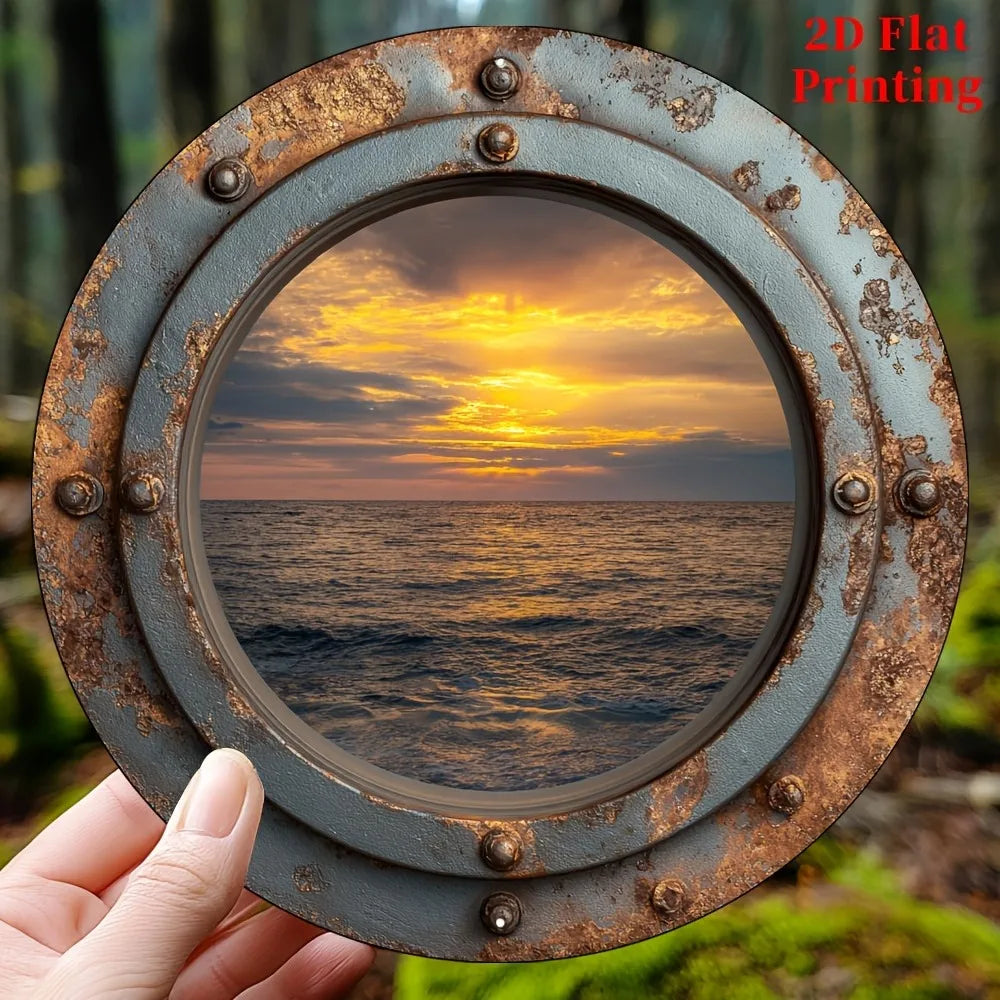 cadre mural vintage océan coucher soleil bleu gris marron bordure métallique vieillie 20x20cm