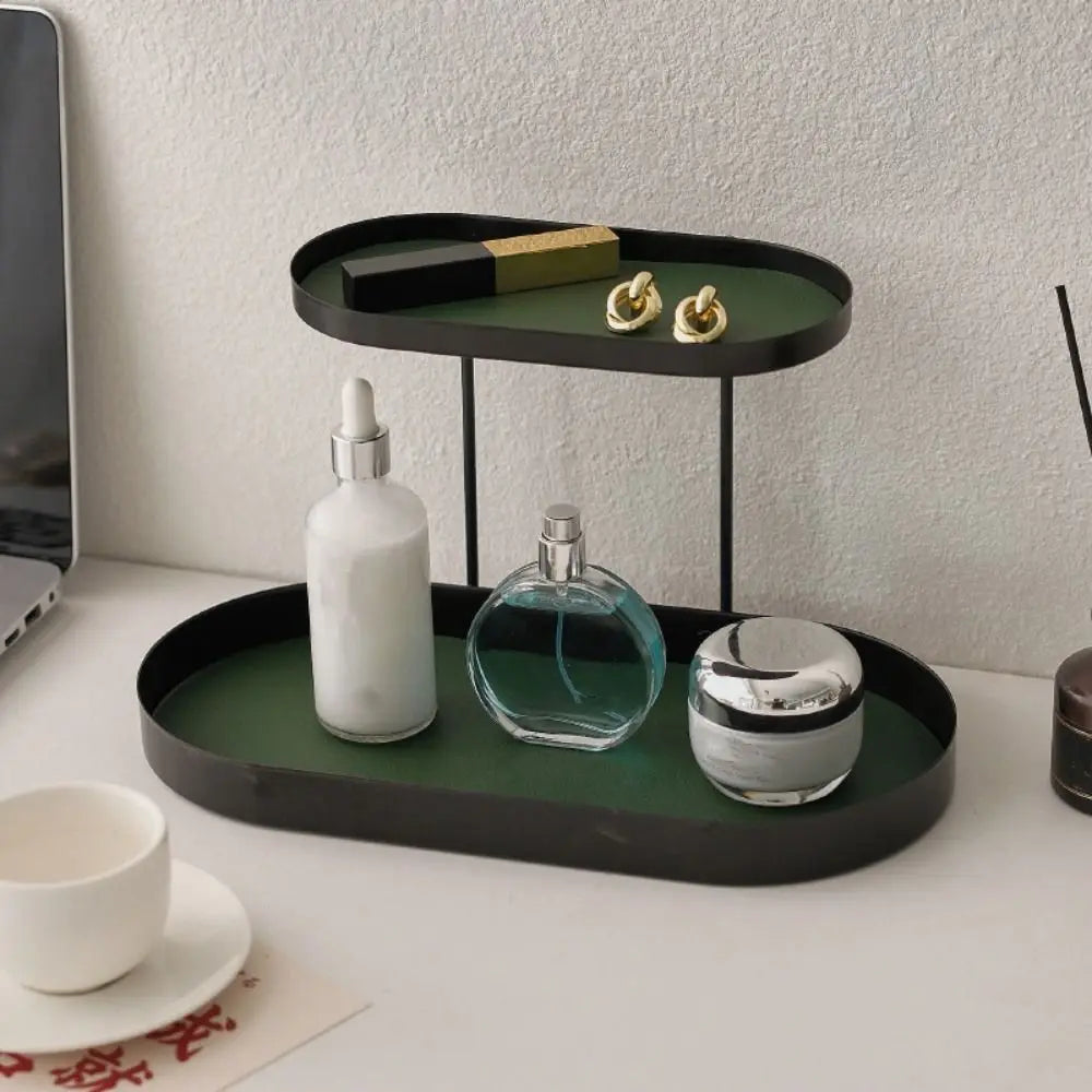 présentoir rangement cosmétique deux niveaux noir beige vert olive moderne minimaliste flacon parfum lotion