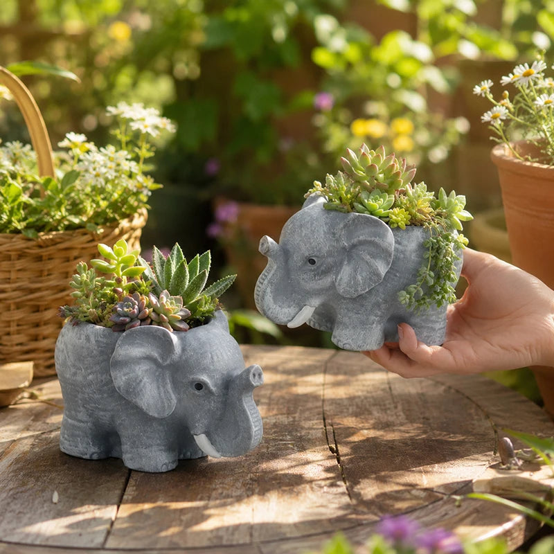 pots fleurs forme éléphant gris clair aspect texturé effet pierre decoratif animalier succulentes differentes