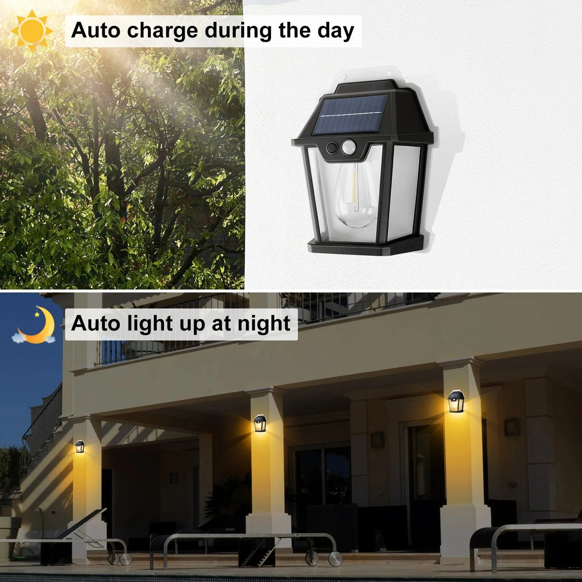 lampes solaires murales extérieures détecteur mouvement ip65 rustique industriel led ambrée