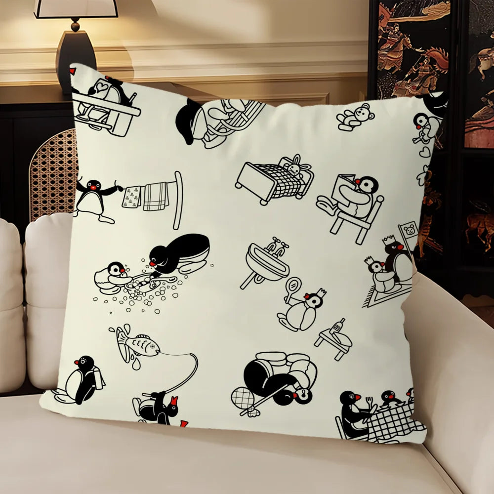 housse coussin carré beige motif pingouin cartoon décoratif salon chambre enfant tissu coton