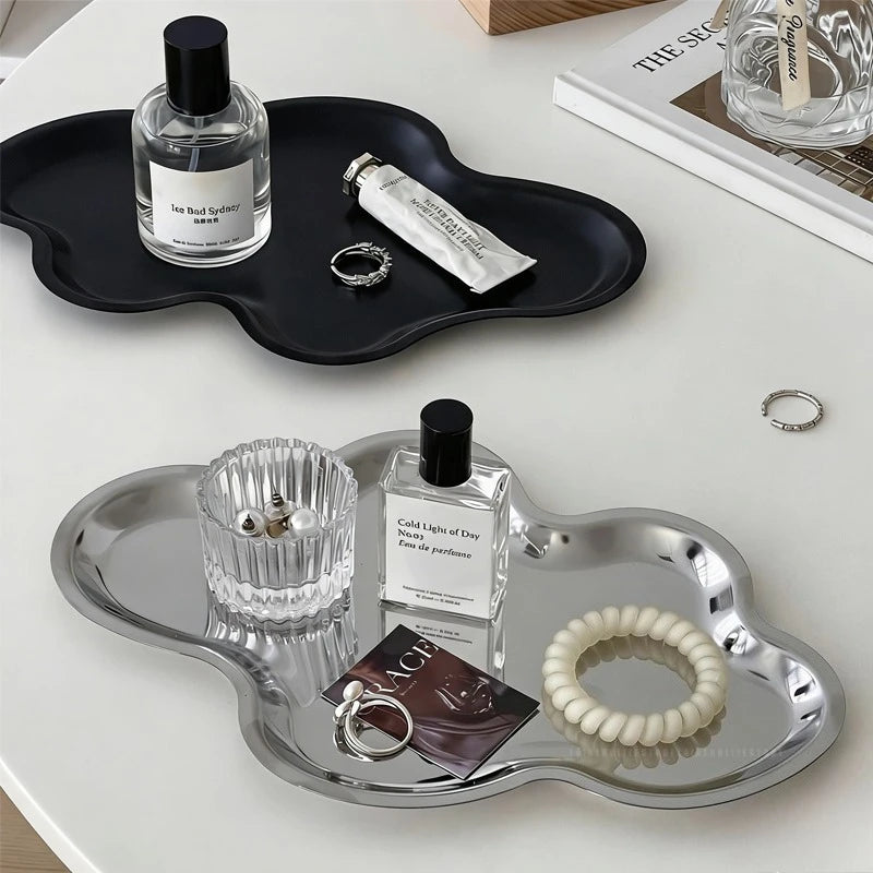 plateau rangement acier inoxydable forme nuage moderne décoration maison argenté noir versatile bijoux cosmétiques