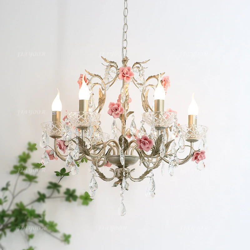 lustre floral cristal transparent rose doré vintage romantique chambre salon