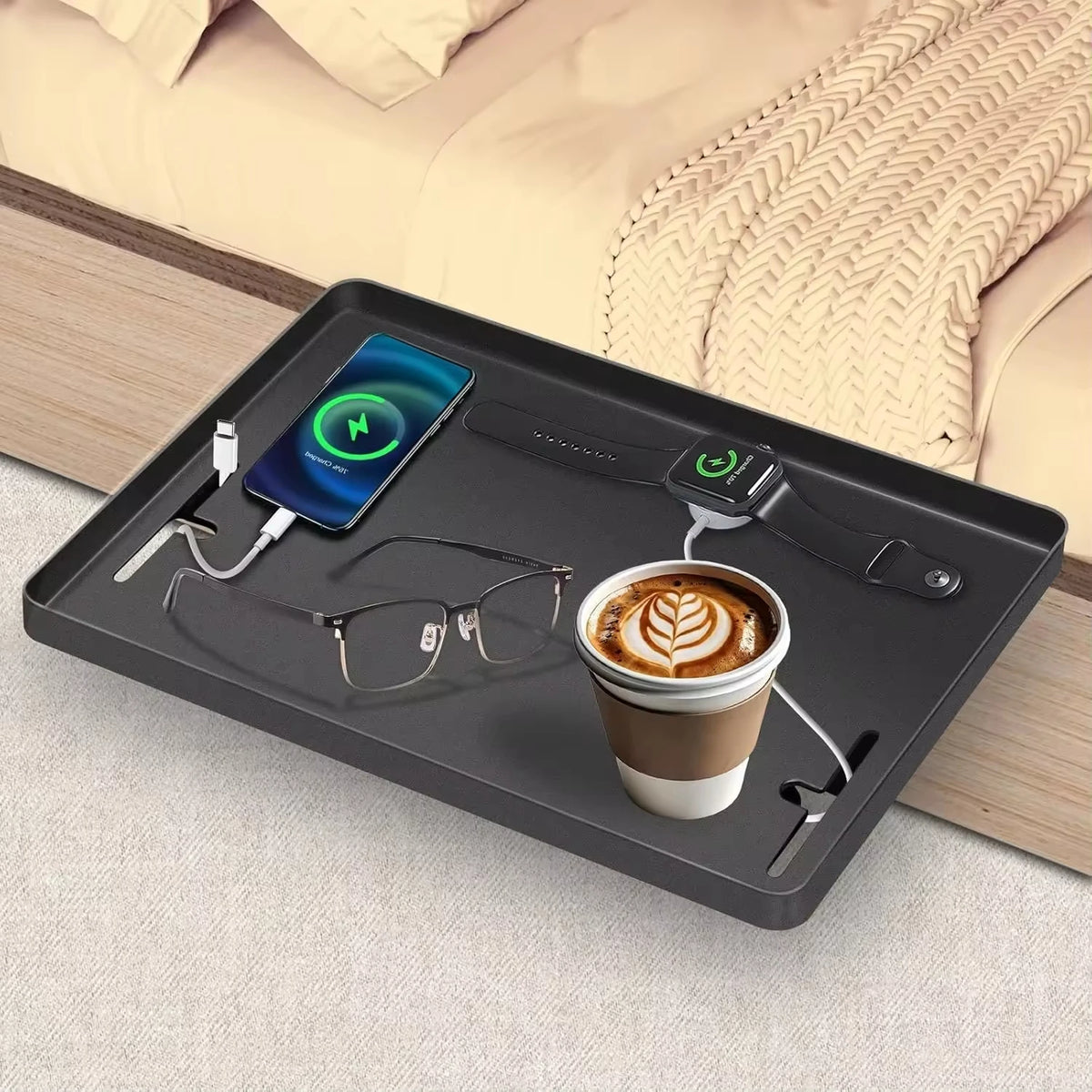 plateau chevet multifonction noir moderne chargeur sans fil tasse lunettes