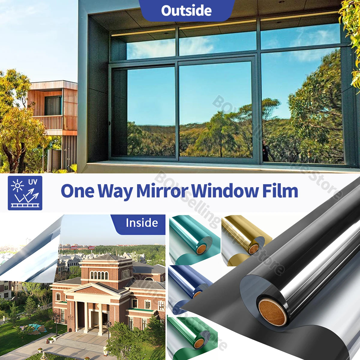 film fenêtre bleu noir miroir moderne opaque adhésif isolation thermique uv protection 50cm 3m