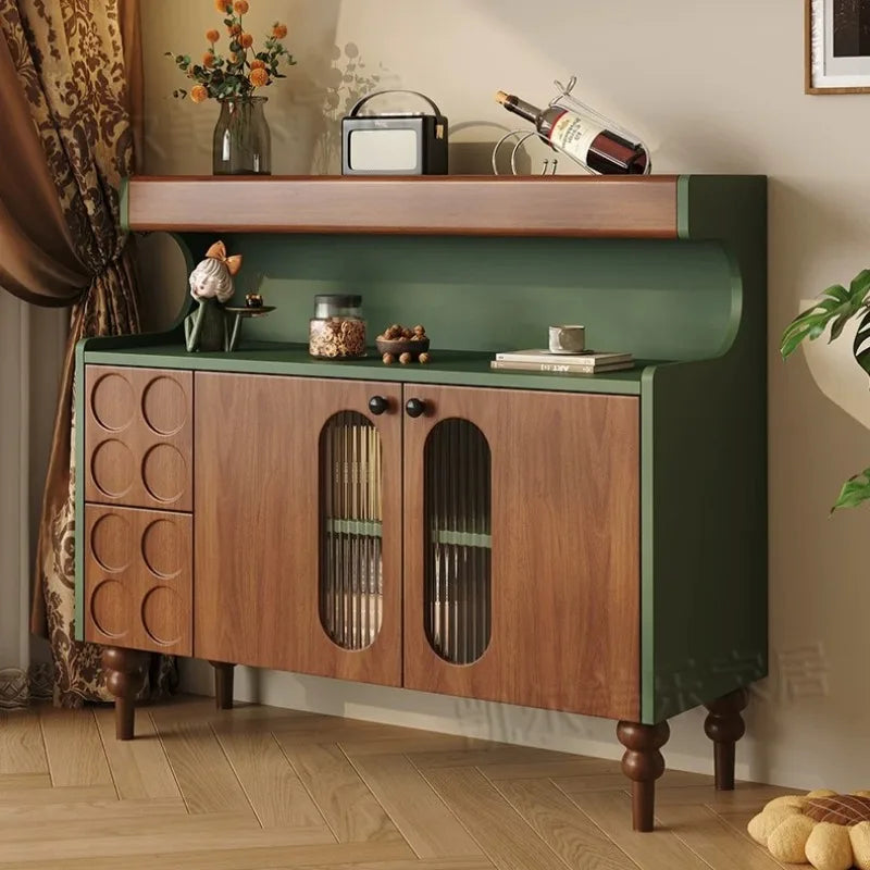 meuble rangement moderne vert brun clair texture bois motifs géométriques vintage