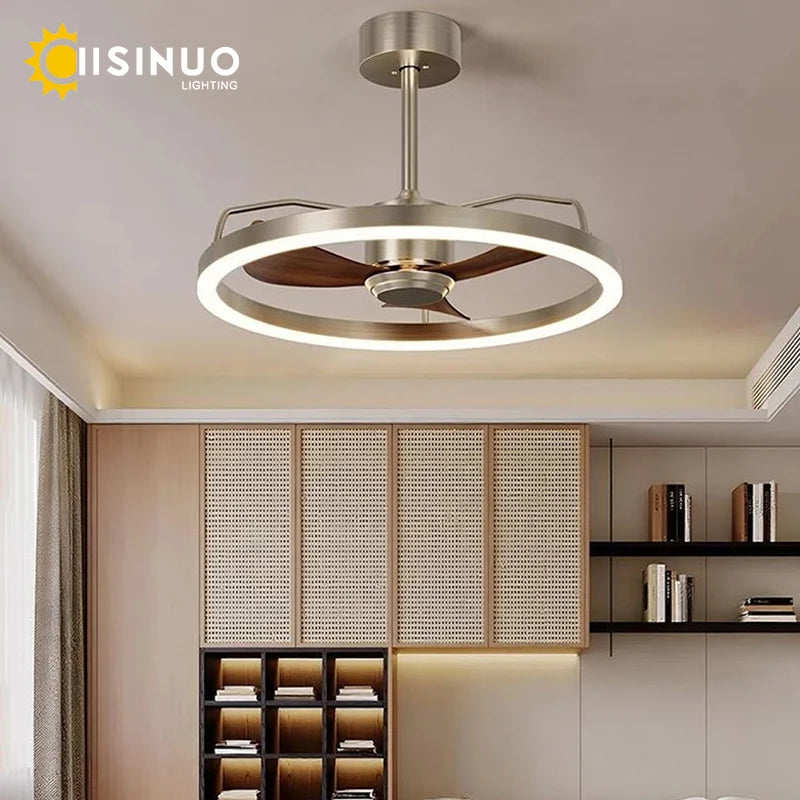 ventilateur lampe led moderne argenté bois foncé vitesses télécommande infinite dimming