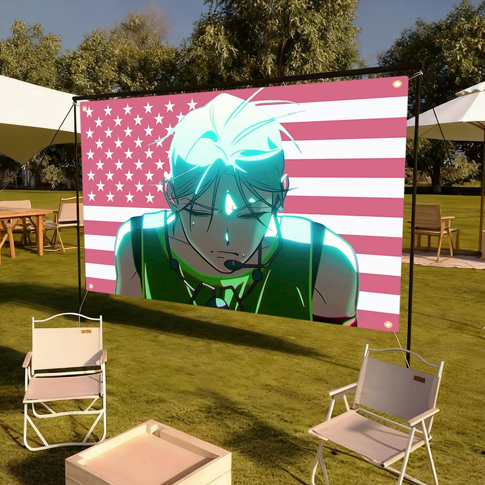 écran projection moderne drapeau américain personnage animé vert rose blanc bleu