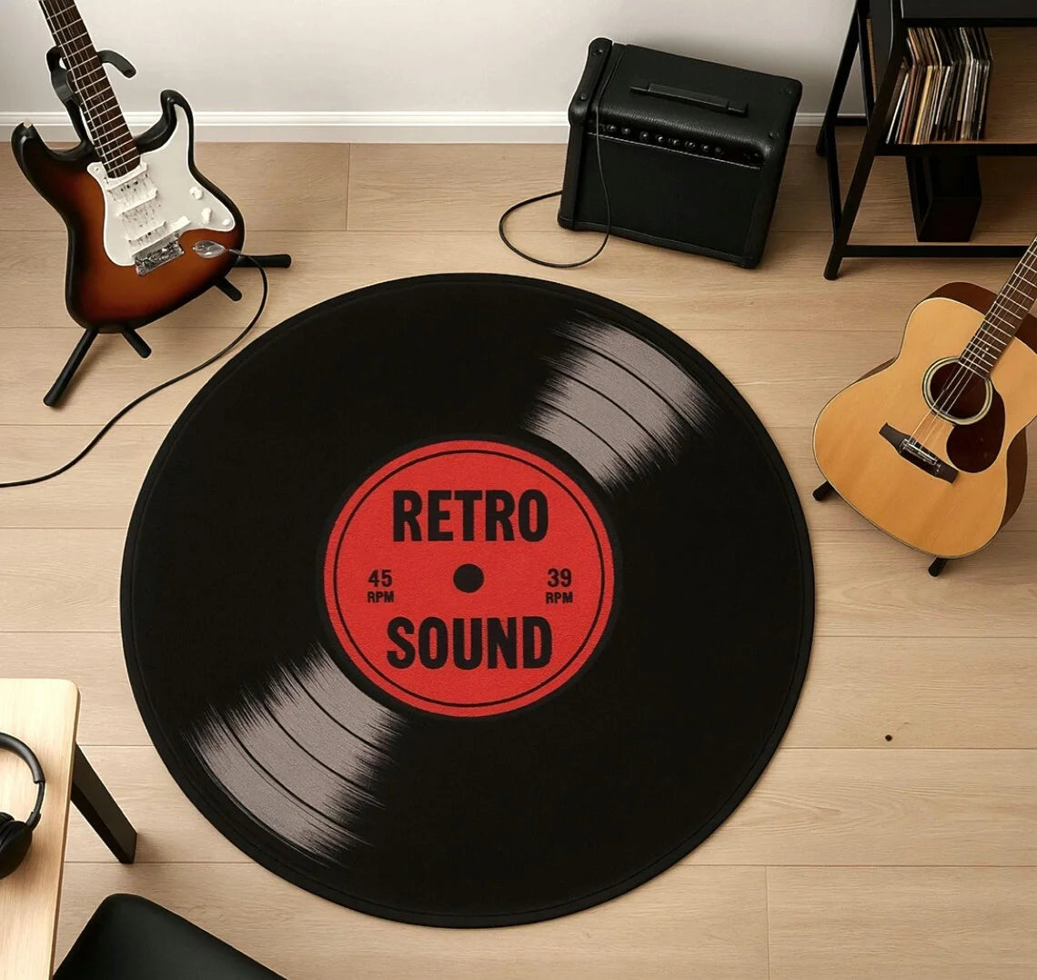 tapis rond moderne disque vinyle noir rouge multicolore salon chambre extérieur anti dérapant machine