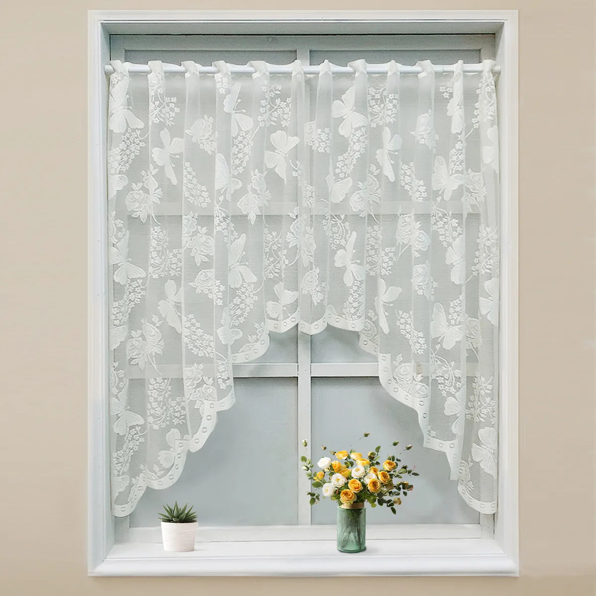rideau blanc transparent brodé papillons fleurs cuisine romantique français 150cm 180cm