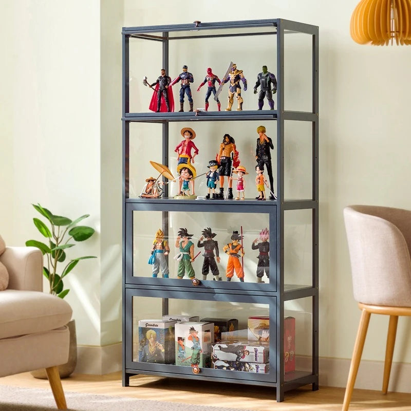 meuble casiers gris moderne vitrine transparente figurines boîtes rangement jouets