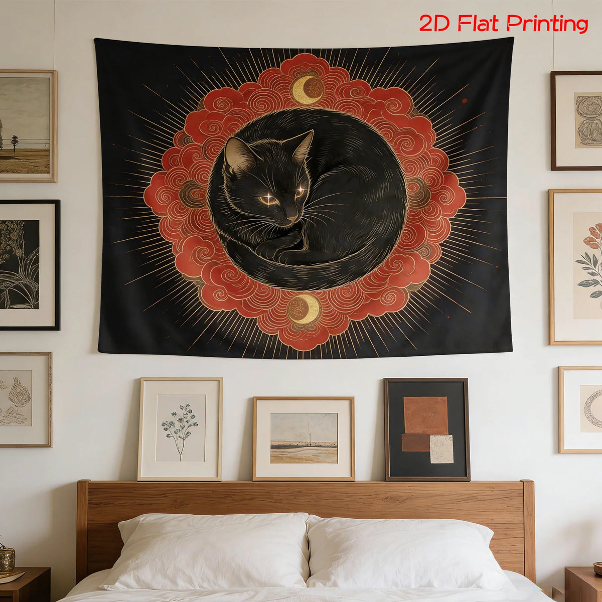 tapisserie murale moderne chat noir motifs floraux astraux contemporain noir rouge or chambre salon