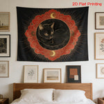 tapisserie murale moderne chat noir motifs floraux astraux contemporain noir rouge or chambre salon