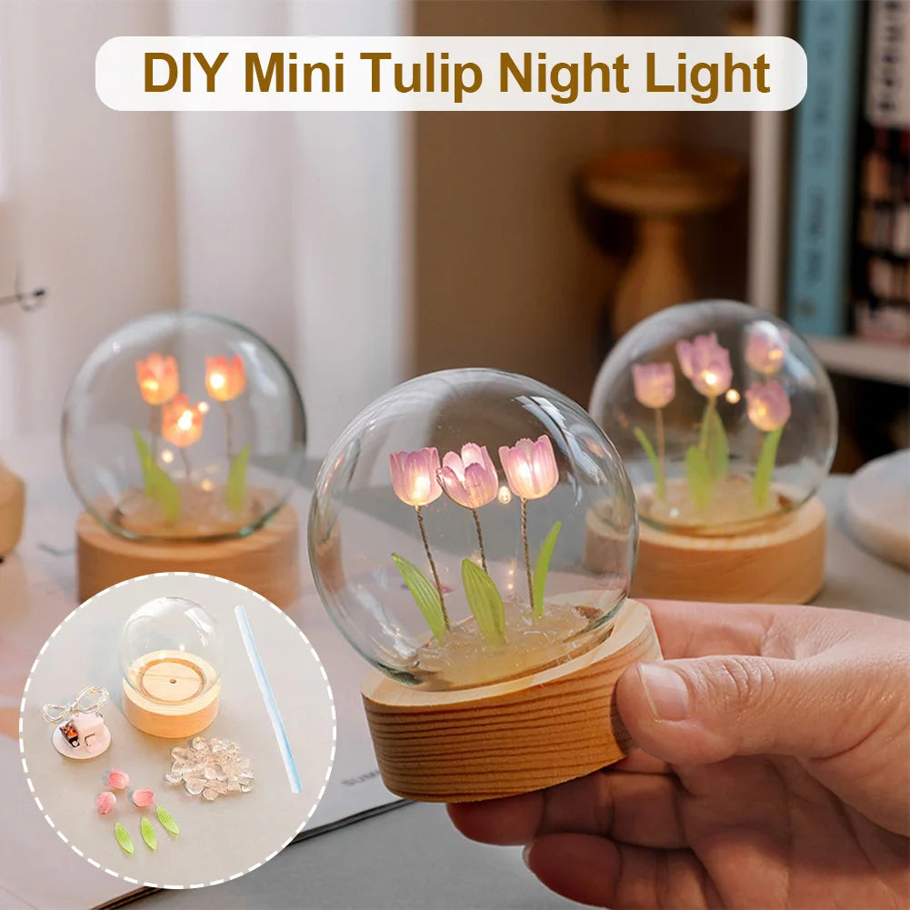 veilleuse nuit tulipes rose pâle feuilles vertes base bois transparent moderne