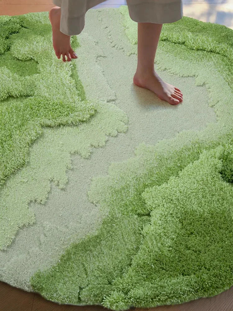 tapis rond laine verte moderne doux texture pelucheuse motif ondulé 100cm 130cm 150cm