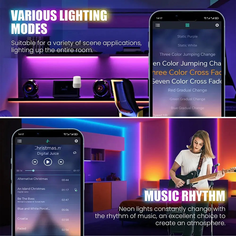 ruban led néon multicolore rayures horizontales moderne 24v rgb 10m 20m 30m télécommande bluetooth