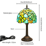 lampe table tiffany feuilles stylisées verre teinté vert bleu jaune brun mosaïque vitrail moderne