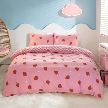 housse couette fraises moderne rose clair taies d'oreiller ultra soft enfants polyester