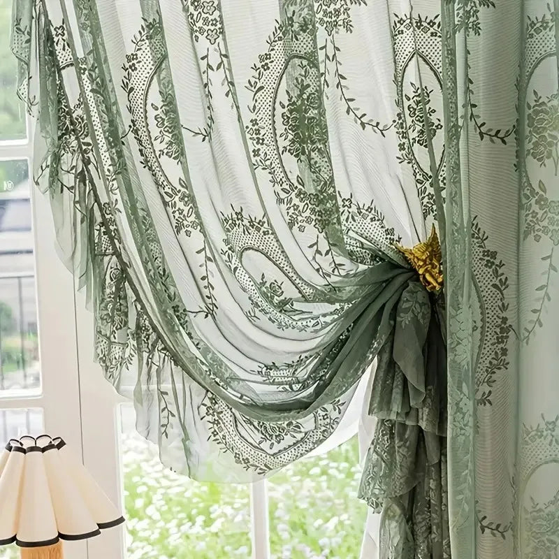 rideau floral vintage polyester translucide salon blanc vert