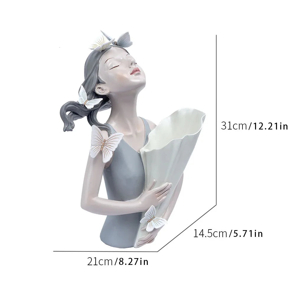 statue décorative moderne résine beige rose vert gris texture mat détails sculptés bouquet artificiellements